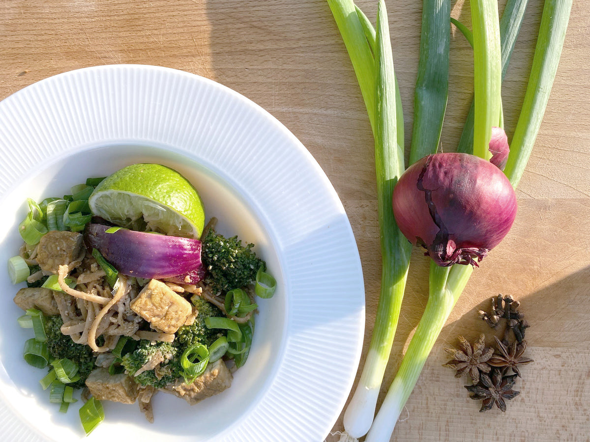 Tempeh med nudler, broccoli og rødløg
